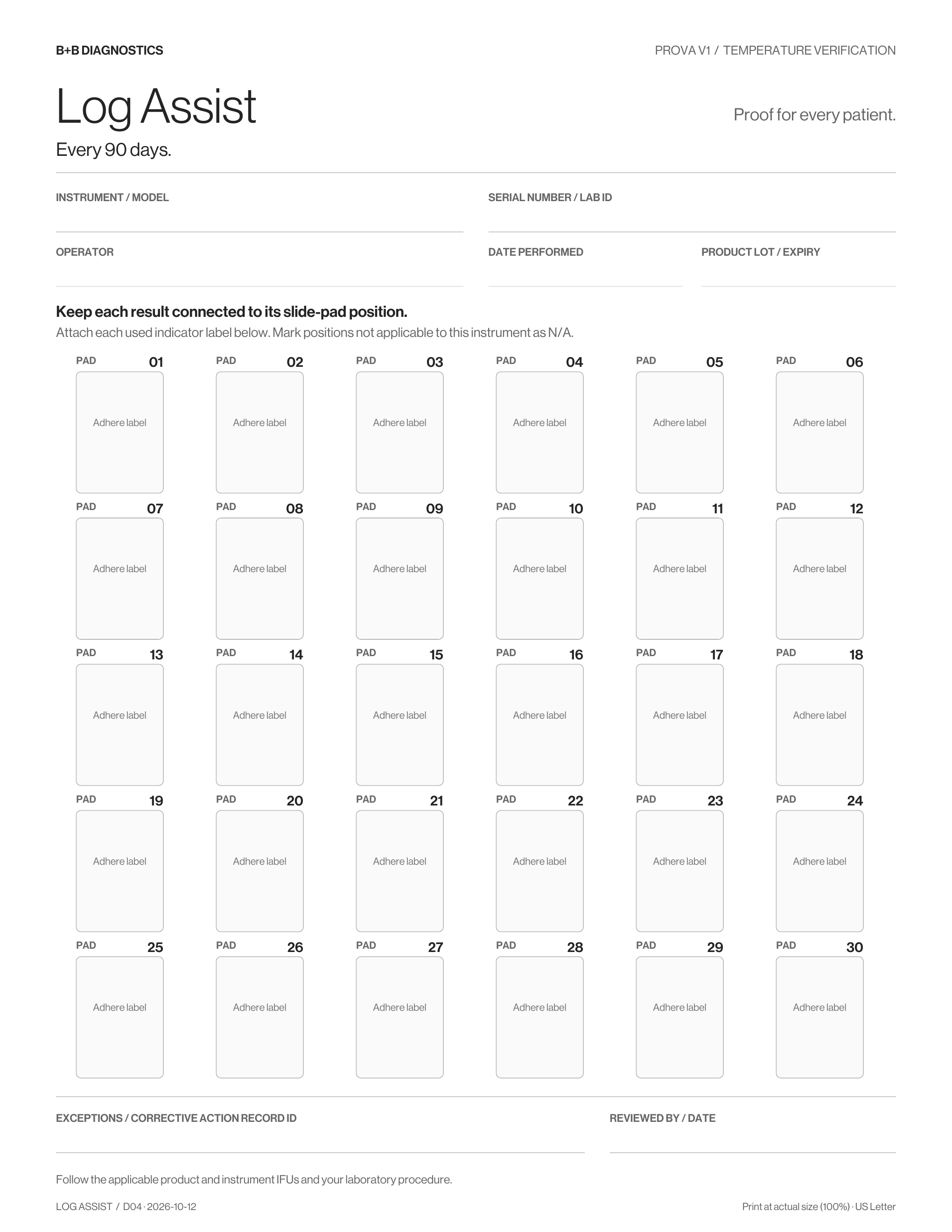 PROVA V1 Log Assist: instrument and operator fields, thirty numbered adhesive label spaces, and a corrective-action record field
