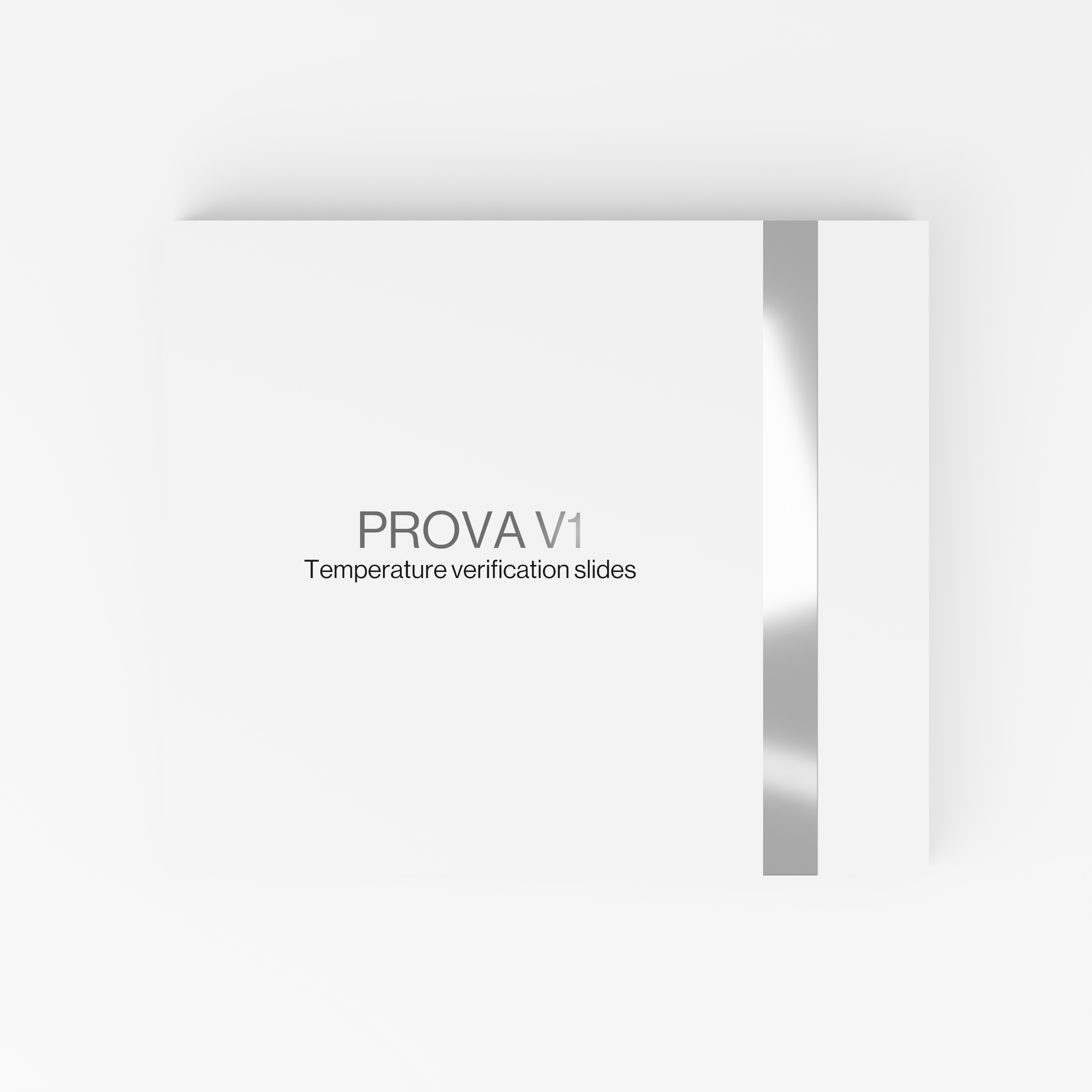 PROVA V1 matte white carton with satin-silver foil lettering and band, on a white studio surface