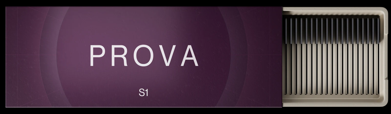 Prova S1 packaging from above: a plum sleeve marked PROVA S1, slid open to show the slides in their tray